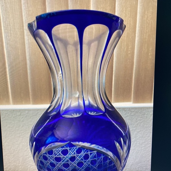 Bohemian Cobalt Blue Cut to Clear Vase, 11 1/2” high. Mother’s Day, Crystal - Picture 3 of 10